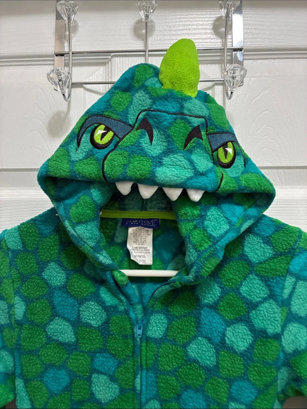 SAINT EVE DINOSAUR Kids Green Hooded Blanket Footed Fleece Pajamas Sz 10-12